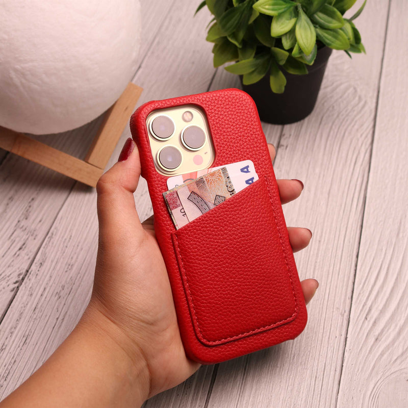 Red Leather Case with Back Card Slot - كفر جلد مع محفظة للبطاقات والفلوس
