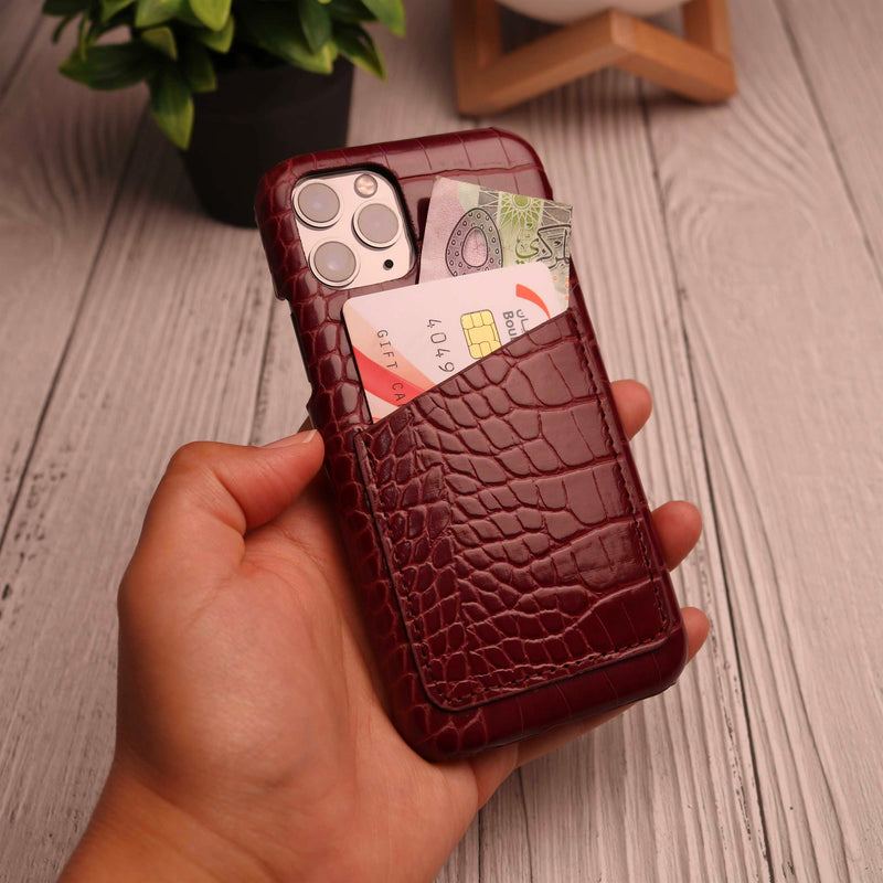 Wine-Red Maroon Crocodile leather Card Holder Phone Case - كفر جلد مع جيب للبطاقات بالخلف