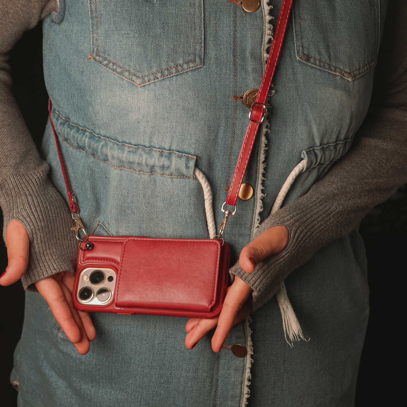 Red Leather Wallet Phone Case with Lanyard Strap - كفر حماية مع محفظة للبطاقات والفلوس وخيط علاقة