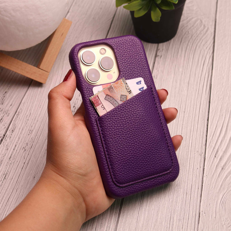 Dark Purple Leather Case with Back Card Slot - كفر جلد مع محفظة للبطاقات والفلوس