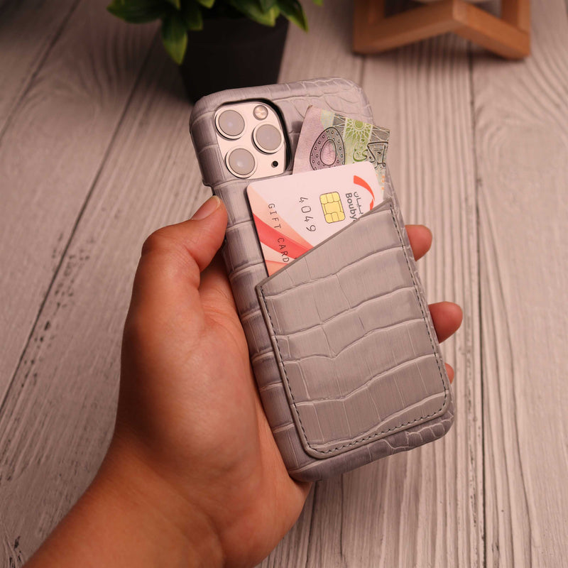 Grey Crocodile leather Card Holder Phone Case - كفر جلد مع جيب للبطاقات بالخلف