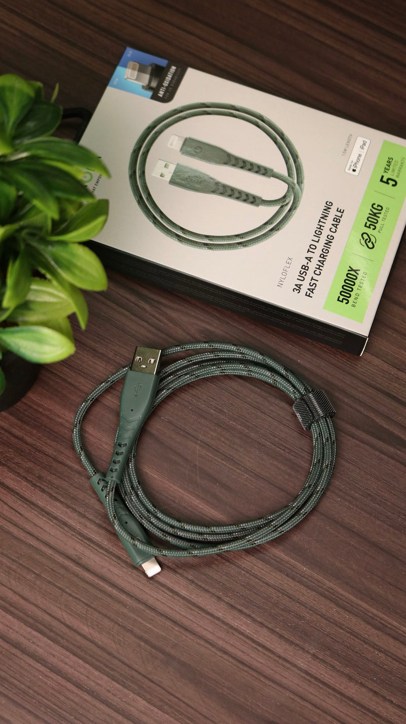 Energea Nyloflex USB-A to Lightning Cable 1.5M - Dark Green - سلك شحن ايفون - انيرجيا - طول متر ونصف - كفالة 5 سنين