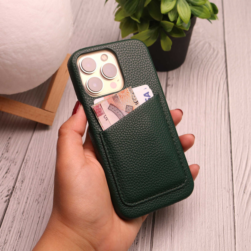 Green Leather Case with Back Card Slot - كفر جلد مع محفظة للبطاقات والفلوس