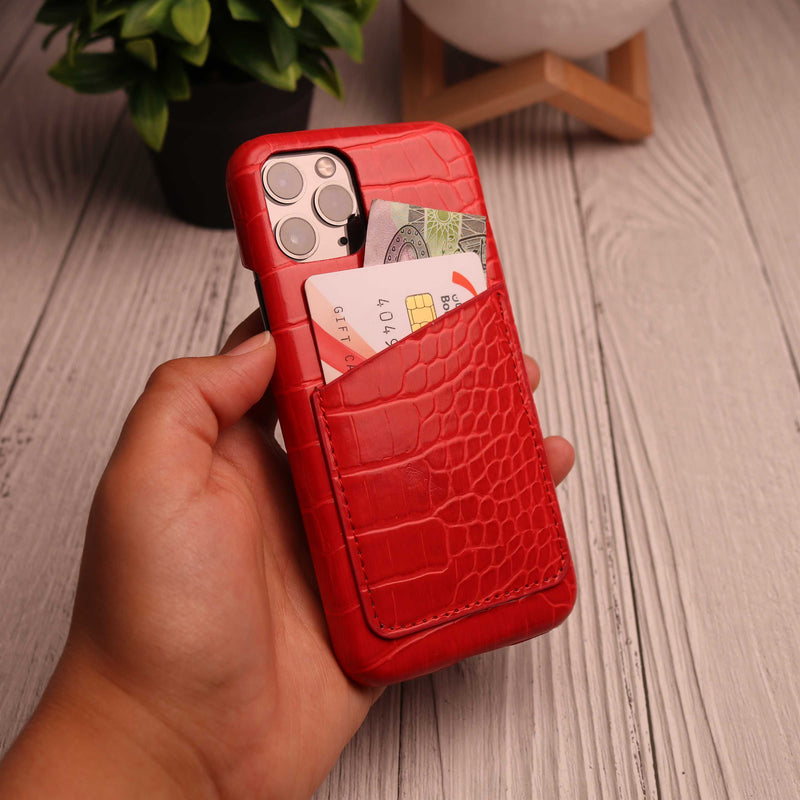 Red Crocodile leather Card Holder Phone Case - كفر جلد مع جيب للبطاقات بالخلف