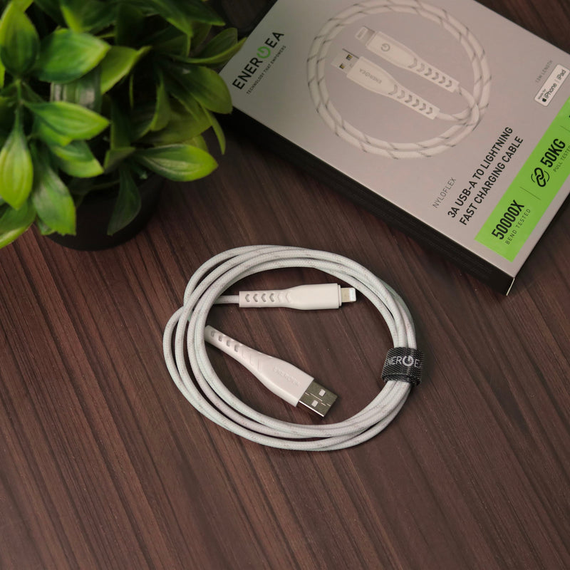 Energea Nyloflex USB-A to Lightning Cable 1.5M - White - سلك شحن ايفون - انيرجيا - طول متر ونصف - كفالة 5 سنين