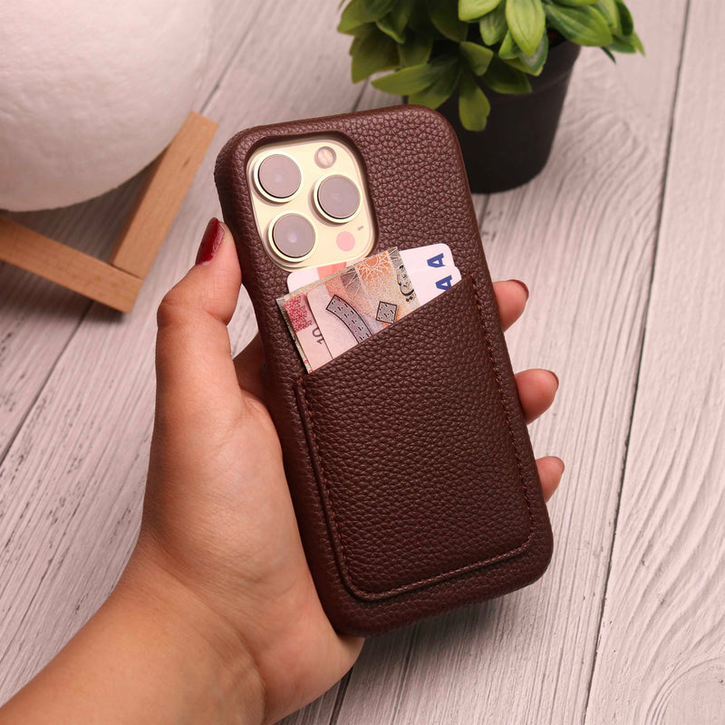 Dark Brown Leather Case with Back Card Slot - كفر جلد مع محفظة للبطاقات والفلوس
