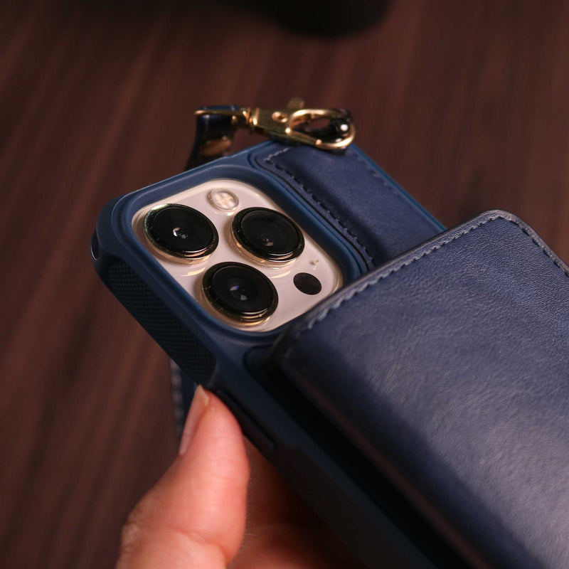 Dark Blue Leather Wallet Phone Case with Lanyard Strap - كفر حماية مع محفظة للبطاقات والفلوس وخيط علاقة