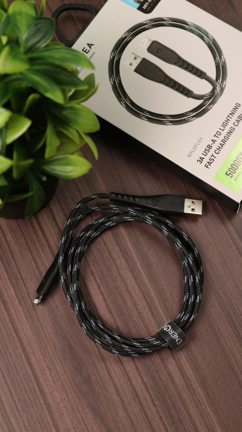 Energea Nyloflex USB-A to Lightning Cable 1.5M - Black - سلك شحن ايفون - انيرجيا - طول متر ونصف - كفالة 5 سنين