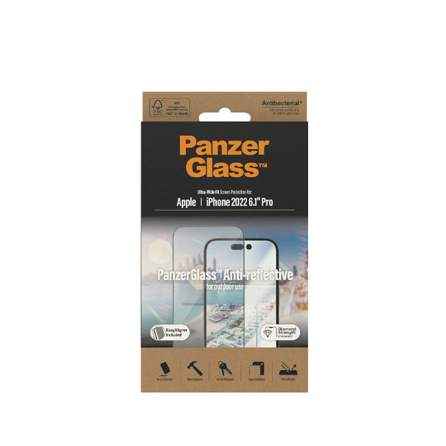 PanzerGlass iPhone 14 Pro Antibacterial Tempered Glass, Ultra Wide Fit, Anti-Reflective  - iPhone 14 Pro - حماية شاشة - بانزر جلاس - مضادة للانعكاس - شفافة - حماية لجميع اطراف الجهاز - لجهاز الايفون 14 برو - مع عدة التركيب