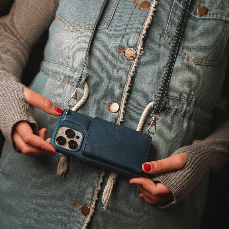 Dark Blue Leather Wallet Phone Case with Lanyard Strap - كفر حماية مع محفظة للبطاقات والفلوس وخيط علاقة