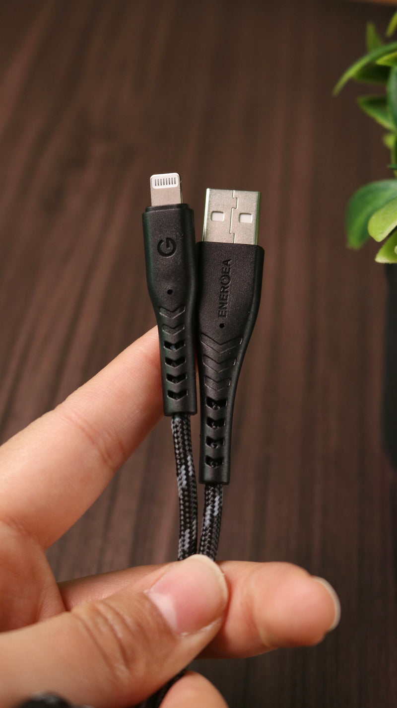 Energea Nyloflex USB-A to Lightning Cable 1.5M - Black - سلك شحن ايفون - انيرجيا - طول متر ونصف - كفالة 5 سنين