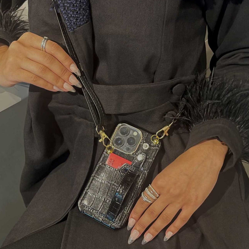 Black Leather Case with Grip, Card Slot and Strap Lanyard - كفر جلد مع مسكة ومحفظة للبطاقات والنقود وخيط سلسة علاقة