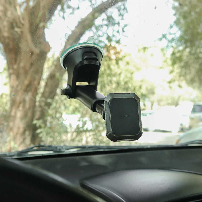 Uniq Mondo Magnetic Windshield And Air Vent Mount - Black - ستاند سيارة مغناطيس - على الجام + الديكور + فتحة التكييف - ذراع طويل