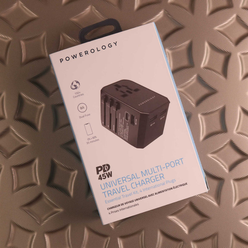 Powerology PD 45W Fast Charge + 2.4A USB Dual Output Universal Travel Adapter With 3 USB Ports - شاحن حائط دولي - باورلوجي - كفالة 18 شهر
