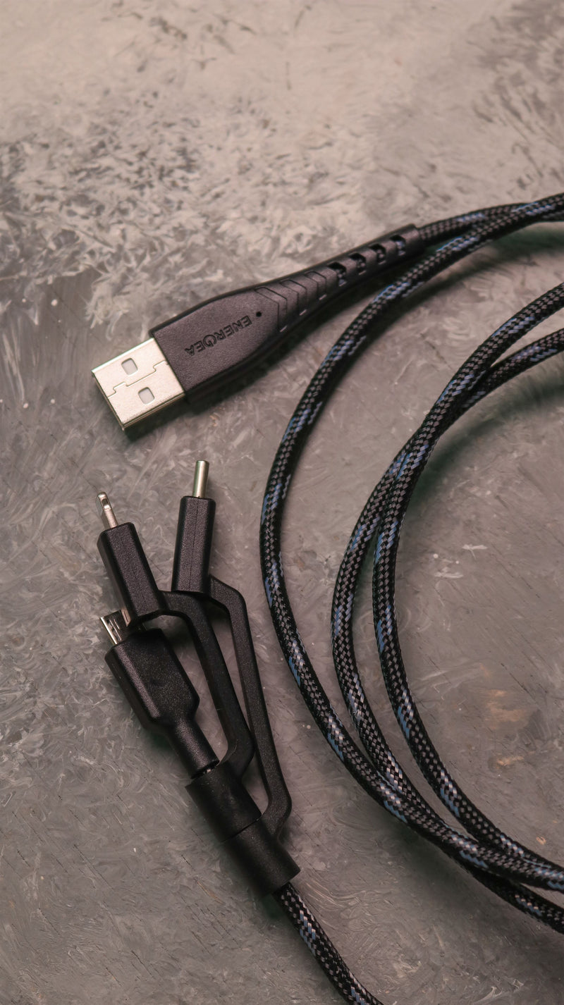 Energea Nyloflex 3 in 1 Micro USB + Lightning MFI(C89) + USB-C Charge & Sync Cable 1.5m (Speed Charge) - سلك شحن 3 في 1 - انيرجيا - طول متر ونصف - كفالة 5 سنوات