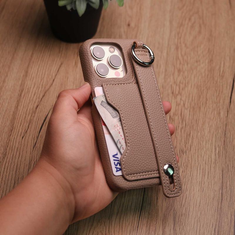 Leather Case with Card Slot and Wrist Strap - Beige - كفر مع محفظة للبطاقات ومسكة شريطة وستاند