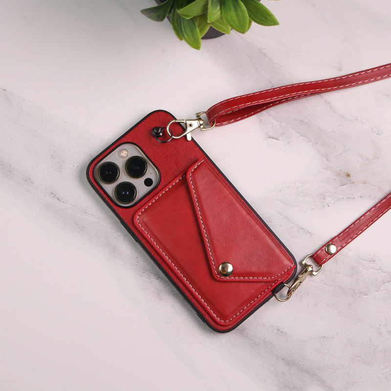 Red Leather Wallet Case with Card Slot and Lanyard - كفر مع محفظة للبطاقات والكاش وخيط علاقة