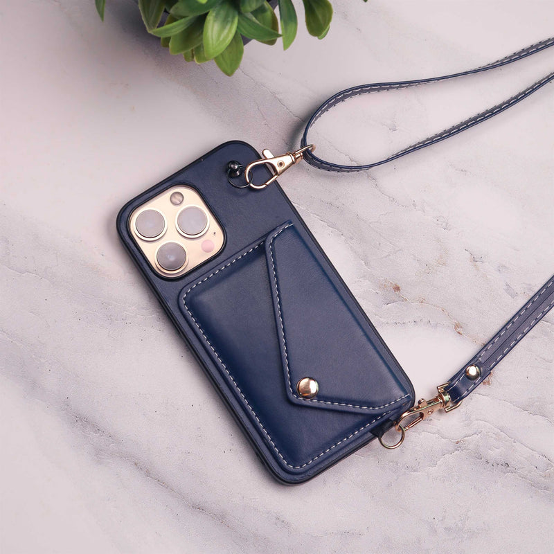 Dark Blue Leather Wallet Case with Card Slot and Lanyard - كفر مع محفظة للبطاقات والكاش وخيط علاقة