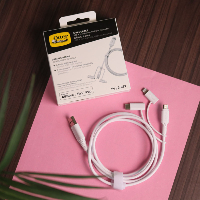 OtterBox 3-in-1 USBA-Micro/Lightning/USB-C Cable - White - سلك شحن - 3 في 1 - اوتربوكس - كفالة 5 سنين