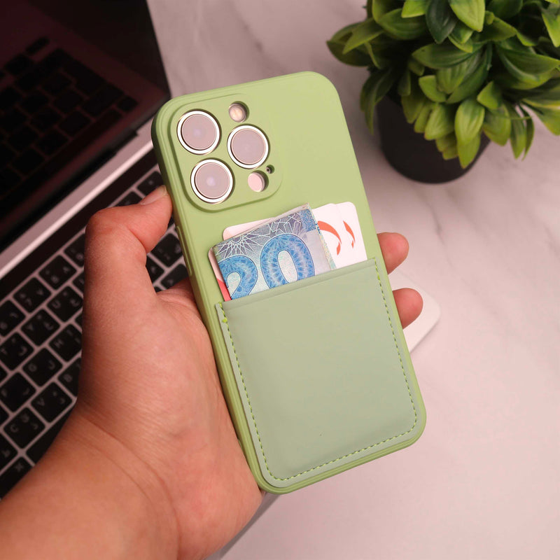Light Green Soft Silicone Wallet Card Phone Case - كفر مع محفظة للبطاقات بالخلف