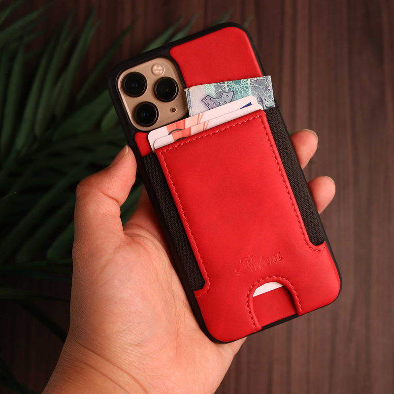Red Leather Case with Back Card Slots - كفر جلد مع محفظة للبطاقات بالخلف