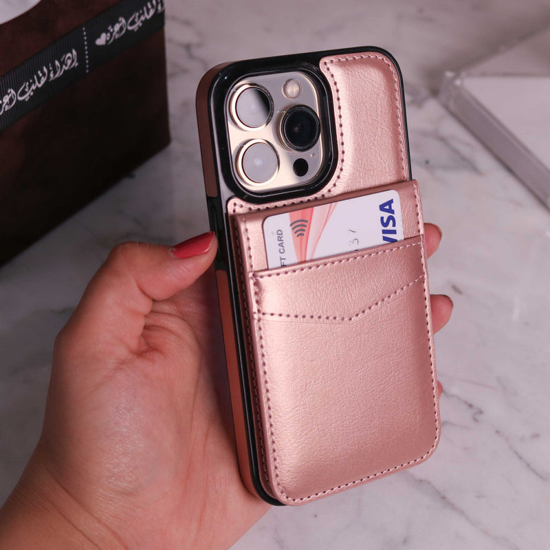Rose Gold Leather Phone Case with Wallet Card - كفر مع محفظة للبطاقات والنقود وستاند جانبي