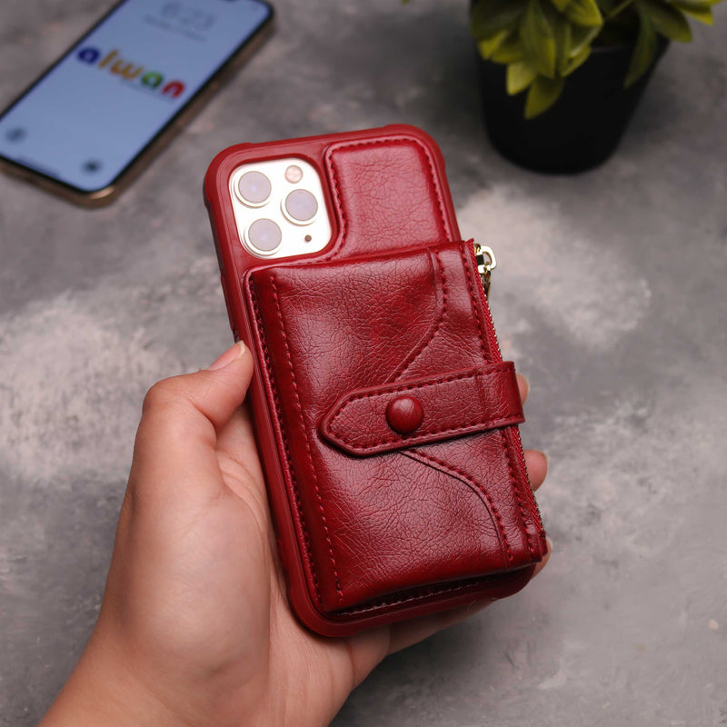 Red Maroon Wallet Case with Zipper - كفر مع محفظة للبطاقات والكاش وجيب للخردة