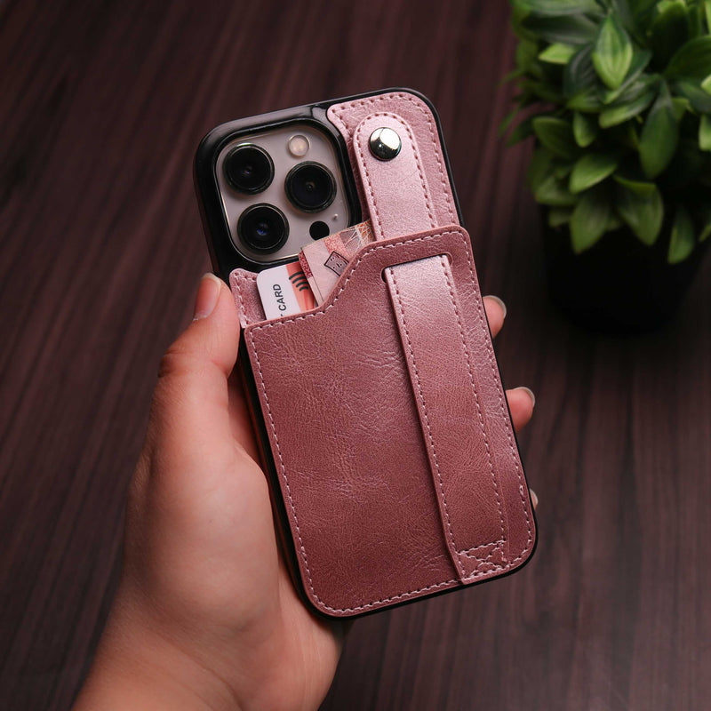 Pink Leather Case with Card Slot and Strap Grip - كفر ومحفظة ومسكة وستاند