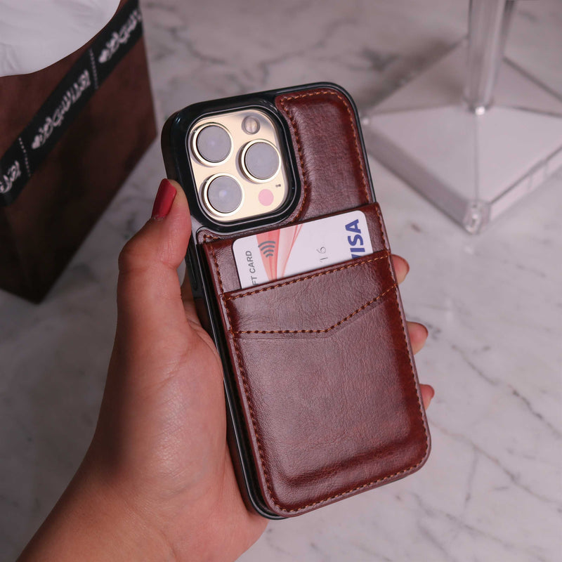 Brown Leather Phone Case with Wallet Card - كفر مع محفظة للبطاقات والنقود وستاند جانبي