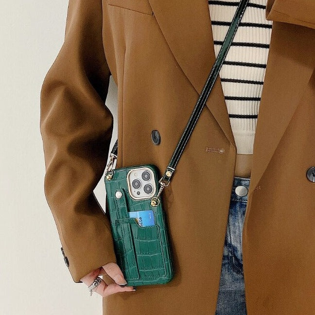 Dark Green Leather Case with Grip, Card Slot and Strap Lanyard - كفر جلد مع مسكة ومحفظة للبطاقات والنقود وخيط سلسة علاقة