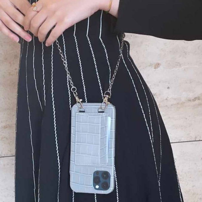 Grey Leather Case with Card Slot and Strap Lanyard - كفر جلد مع محفظة للبطاقات والنقود وخيط سلسة علاقة