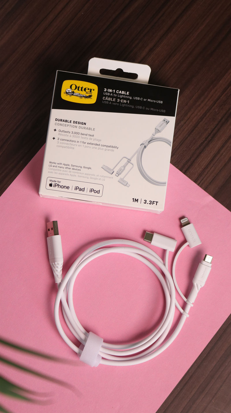 OtterBox 3-in-1 USBA-Micro/Lightning/USB-C Cable - White - سلك شحن - 3 في 1 - اوتربوكس - كفالة 5 سنين