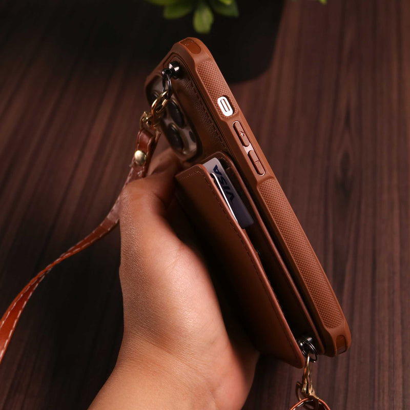 Brown Leather Wallet Phone Case with Lanyard Strap - كفر حماية مع محفظة للبطاقات والفلوس وخيط علاقة
