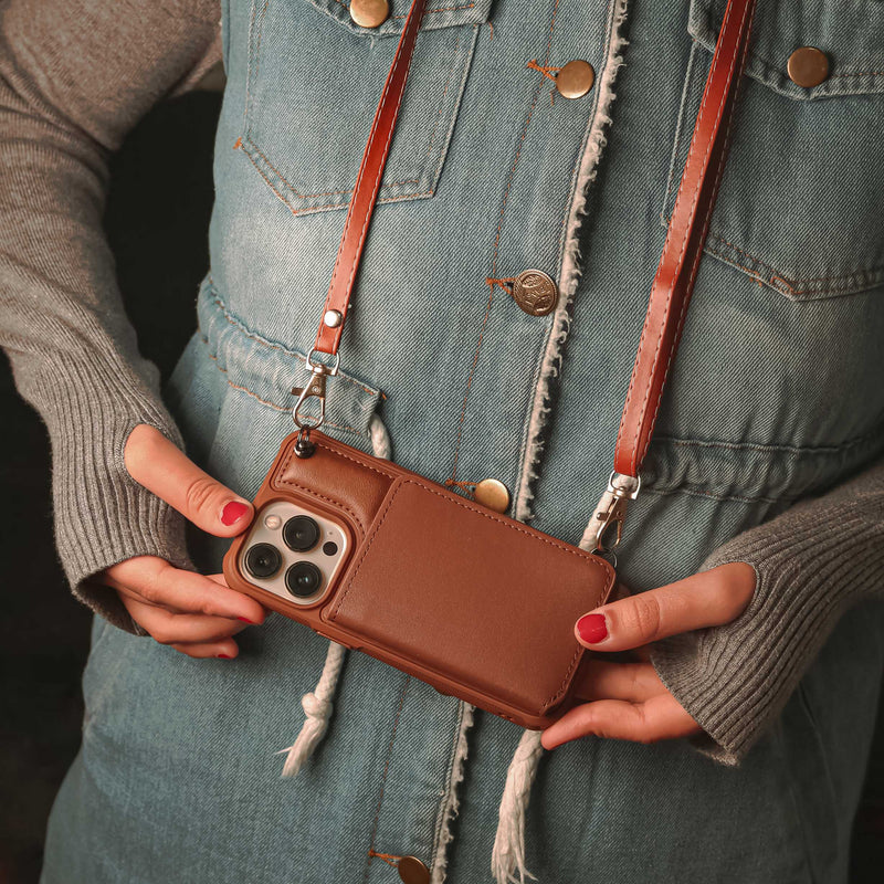 Brown Leather Wallet Phone Case with Lanyard Strap - كفر حماية مع محفظة للبطاقات والفلوس وخيط علاقة