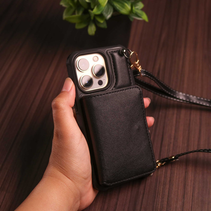 Black Leather Wallet Phone Case with Lanyard Strap - كفر حماية مع محفظة للبطاقات والفلوس وخيط علاقة