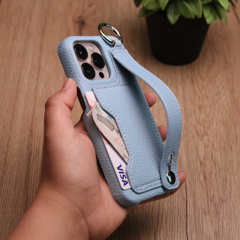 Leather Case with Card Slot and Wrist Strap - Baby Blue - كفر مع محفظة للبطاقات ومسكة شريطة وستاند