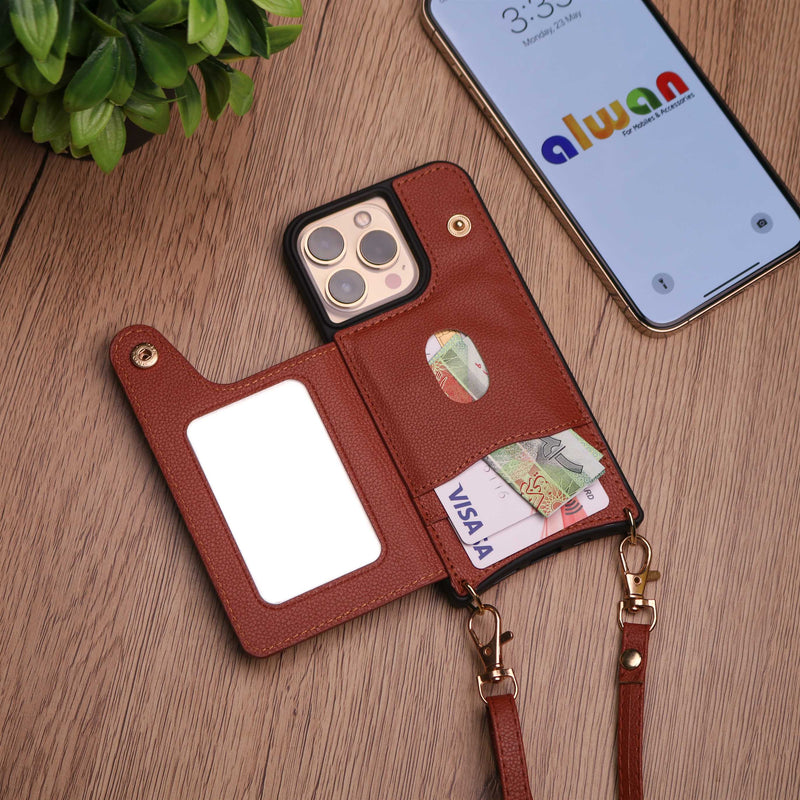 Brown Wallet Leather Case with Mirror, Card Slot and Lanyard - كفر مع مراية ومكان للبطاقات وخيط علاقة
