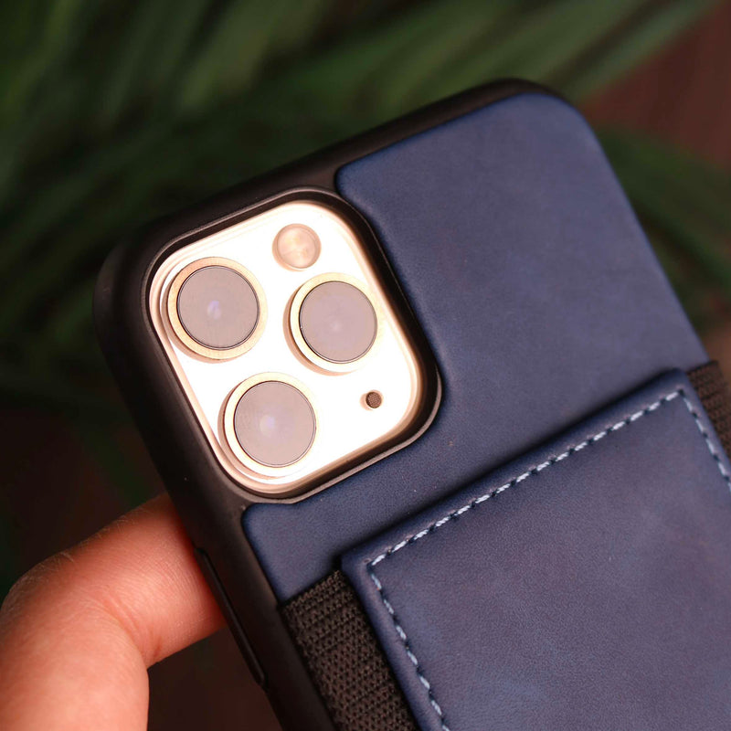 Blue Leather Case with Back Card Slots - كفر جلد مع محفظة للبطاقات بالخلف