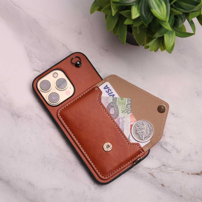 Brown Leather Wallet Case with Card Slot and Lanyard - كفر مع محفظة للبطاقات والكاش وخيط علاقة