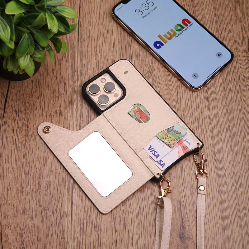 White Wallet Leather Case with Mirror, Card Slot and Lanyard - كفر مع مراية ومكان للبطاقات وخيط علاقة