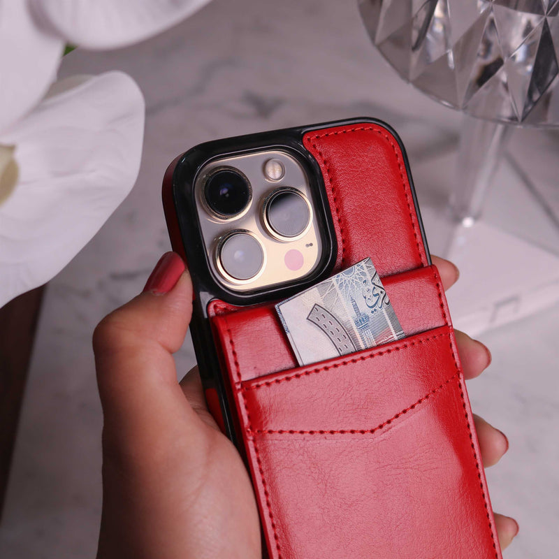 Red Leather Phone Case with Wallet Card - كفر مع محفظة للبطاقات والنقود وستاند جانبي
