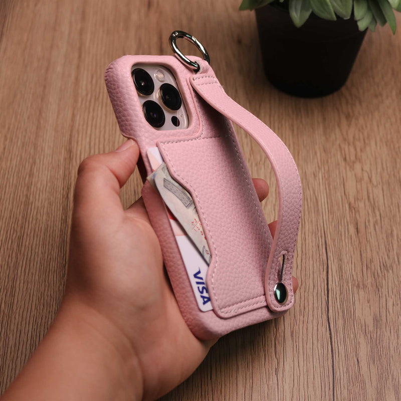 Leather Case with Card Slot and Wrist Strap - Pink - كفر مع محفظة للبطاقات ومسكة شريطة وستاند