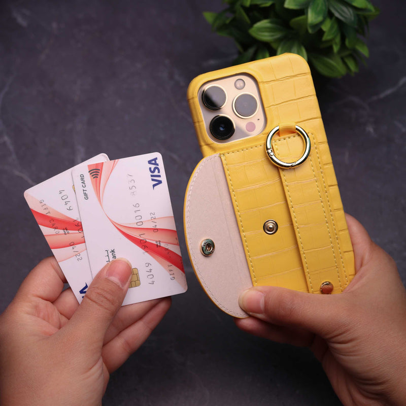 Yellow Crocodile Pattern Wallet Case with Grip - كفر مع ستاند و مسكة شريطة وميدالية ومحفظة للبطاقات