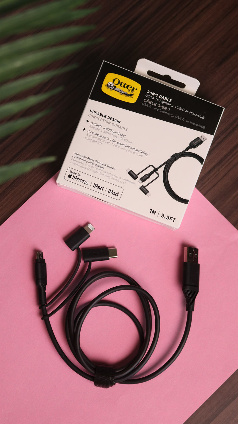 OtterBox 3-in-1 USBA-Micro/Lightning/USB-C Cable - Black [V] - سلك شحن - 3 في 1 - اوتربوكس - كفالة 5 سنين