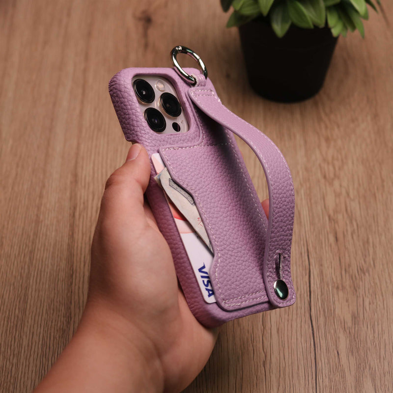Leather Case with Card Slot and Wrist Strap - Purple - كفر مع محفظة للبطاقات ومسكة شريطة وستاند