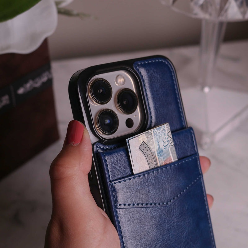 Dark Blue Leather Phone Case with Wallet Card - كفر مع محفظة للبطاقات والنقود وستاند جانبي