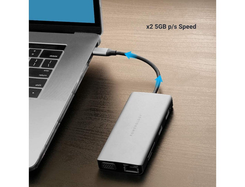 Powerology 11in1 USB-C Hub with VGA / Ethernet / HDMI - وصلة تايب سي - 11 في 1 - متعددة الاستعمالات - لاجهزة الايباد برو - والماكو بوك واللاب توبات - كفالة 24 شهر