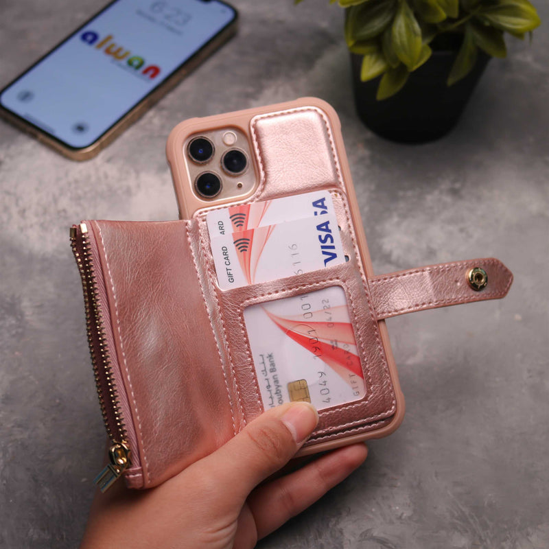 Rose Gold Wallet Case with Zipper - كفر مع محفظة للبطاقات والكاش وجيب للخردة