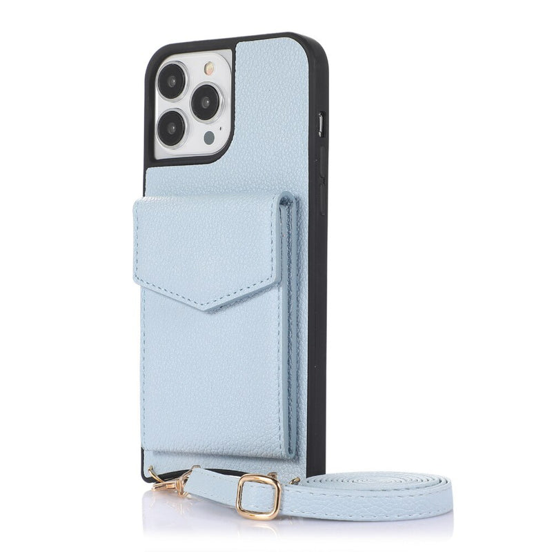 Baby Blue Leather Case with Mirror, Card Wallet and Strap Lanyard - كفر جلد مع محفظة للبطاقات ومرايا وخيط علاقة