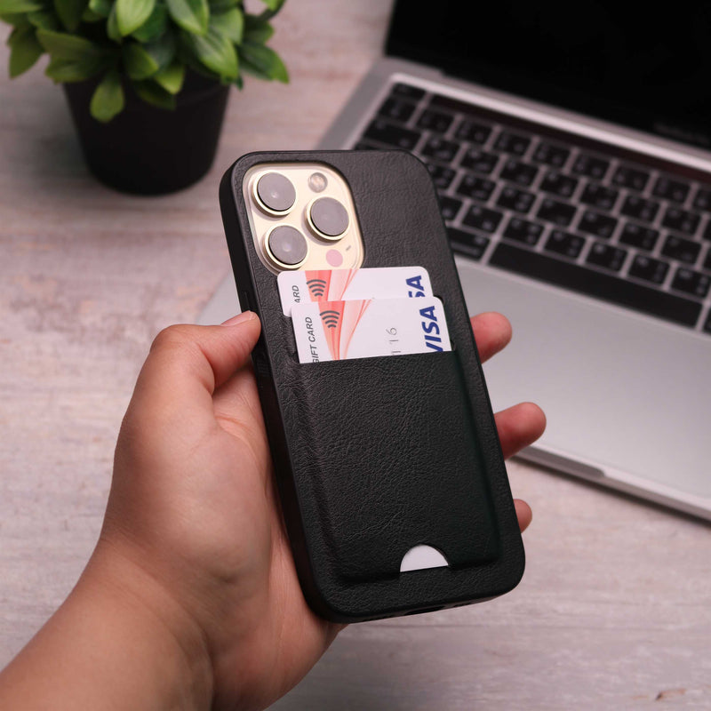 Leather Case with Two Back Card Slot - Black - كفر جلد مع محفظة للبطاقات والنقود